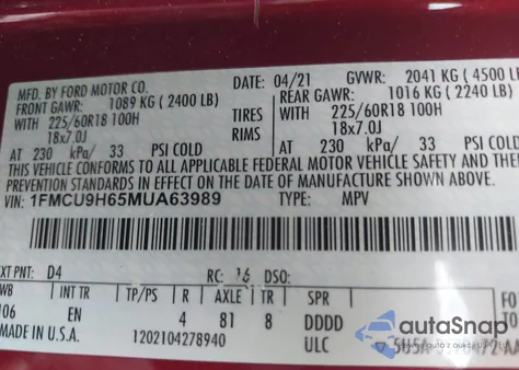 2021 Ford Escape Sel z USA, uszkodzony, nr VIN 1FMCU9H65MUA63989